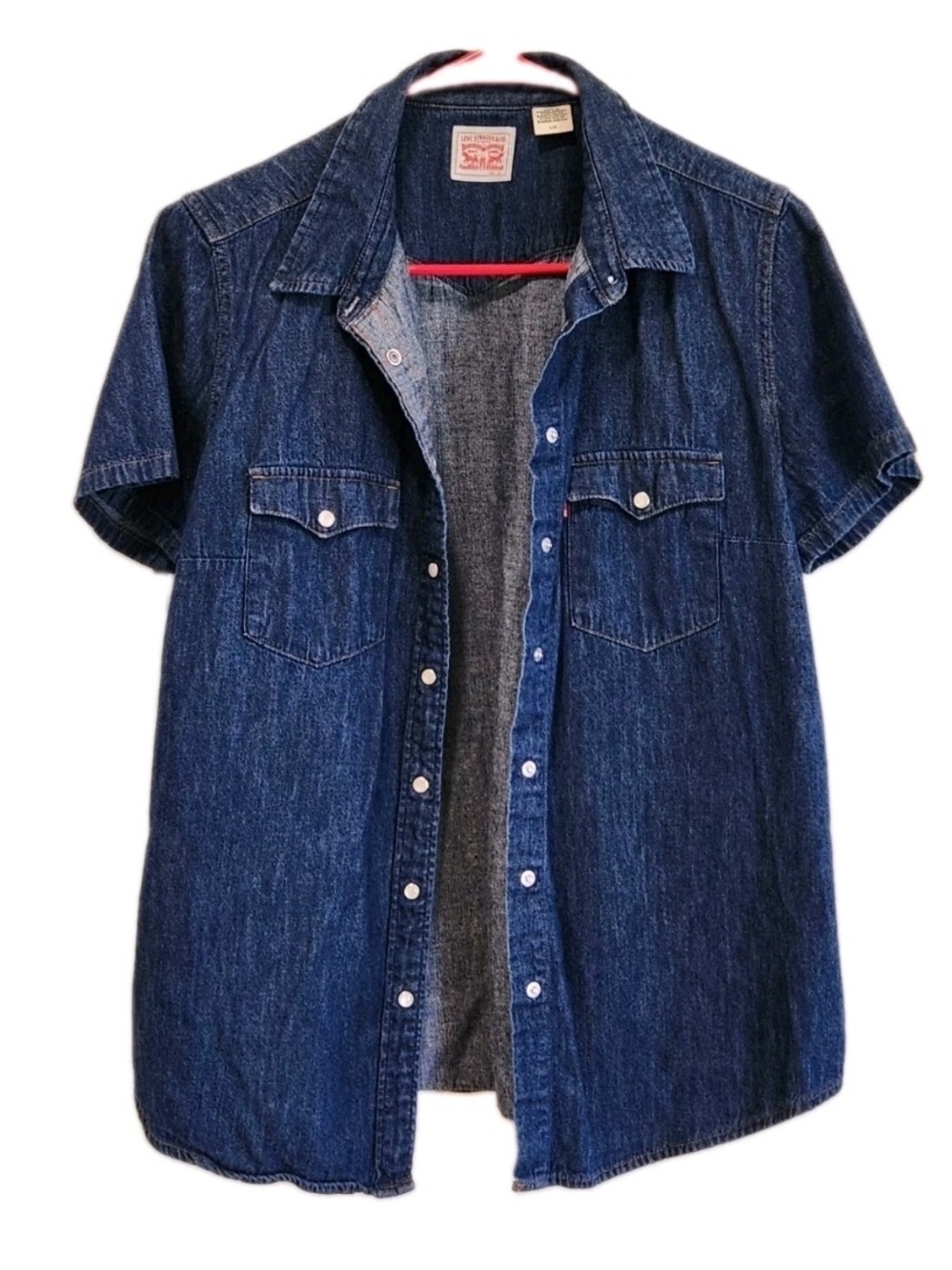 Levi's Women's Short-Sleeve Denim Shirt Dark Blue Pearl Snaps Size Large L